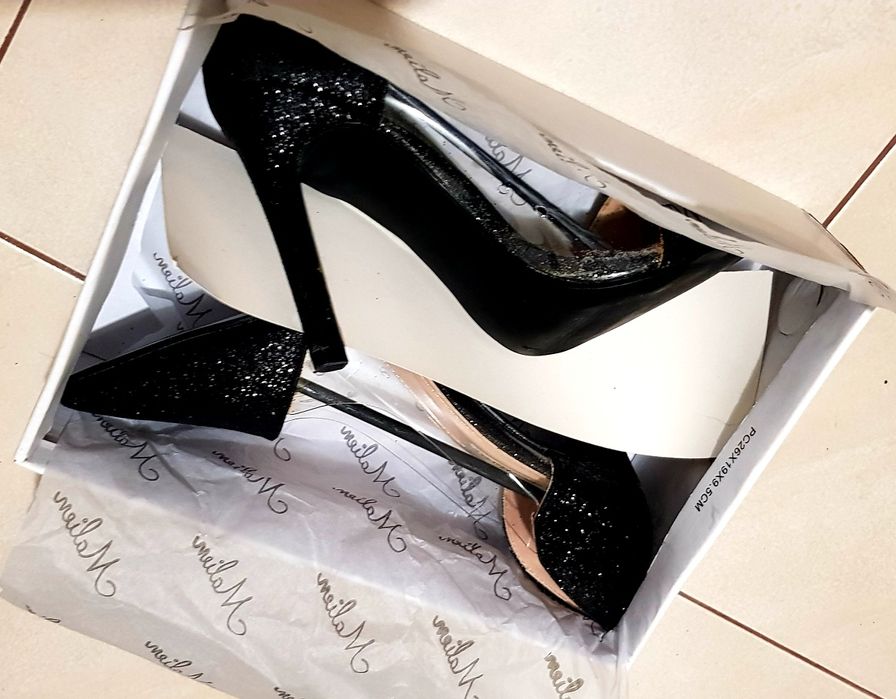 Pantofi dama cu toc, negri cu sclipici, toc 10 cm, mar. 37