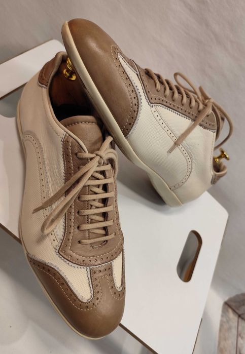 Pantofi casual de lux 43 43.5 SANTONI piele naturala moale alb bej camel