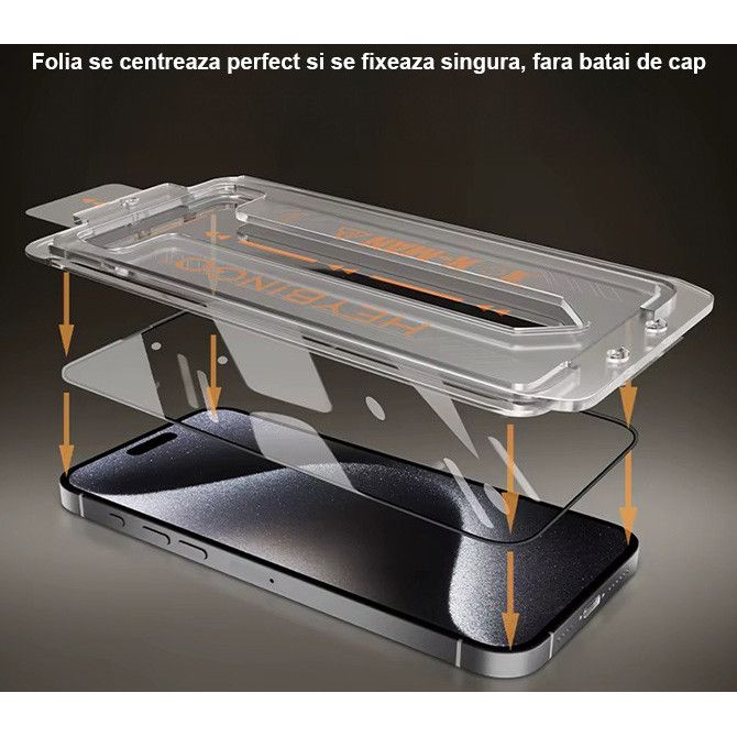 Folie Telefon Privacy Apple iPhone 17 PRO MAX HEYBINGO, cu Kit de Aplicare Instanta si Functie Automata de indepartarea prafului