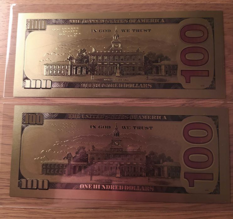 Лот от 5 бр. 100 долара-позлатени,сувенирни,пластични,релефни банкноти