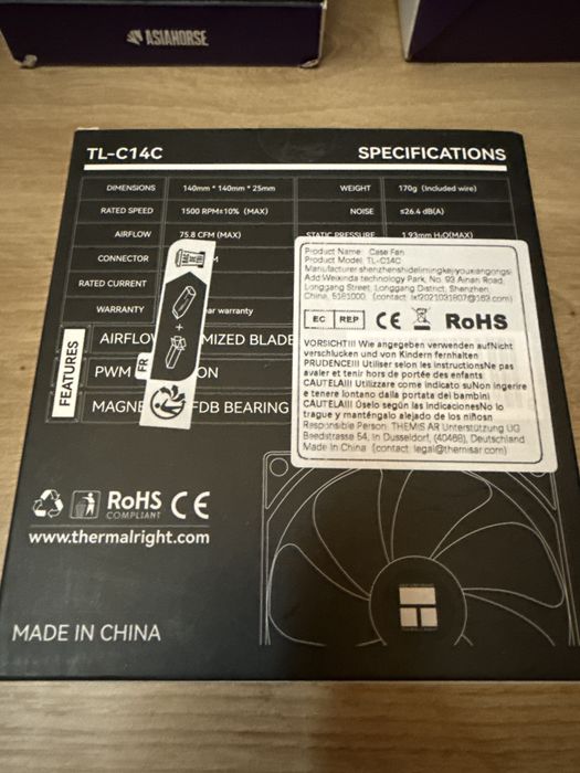 Ventilator Cooler PC Desktop Carcasa Calculator Thermalright TL-C14C 140mm PWM 1500RPM 75.8CFM S-FDB Black Gaming Silent Resigilat Open Box