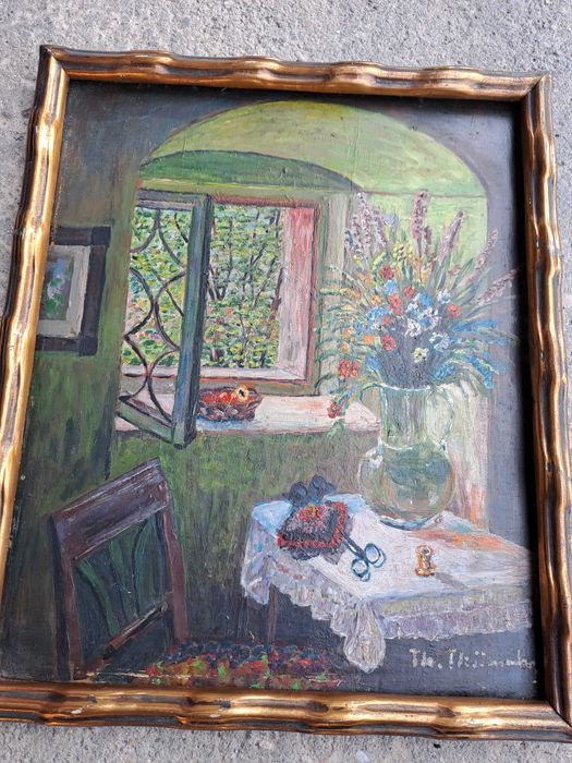 tablou vechi pictura pe placaj 30/34 cm semnat