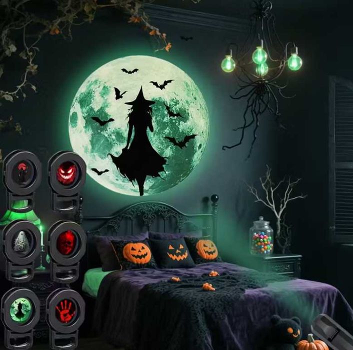 LED проектор лампа за Halloween Хелоуин, 6 хорър прожекции, с USB декорация, украса