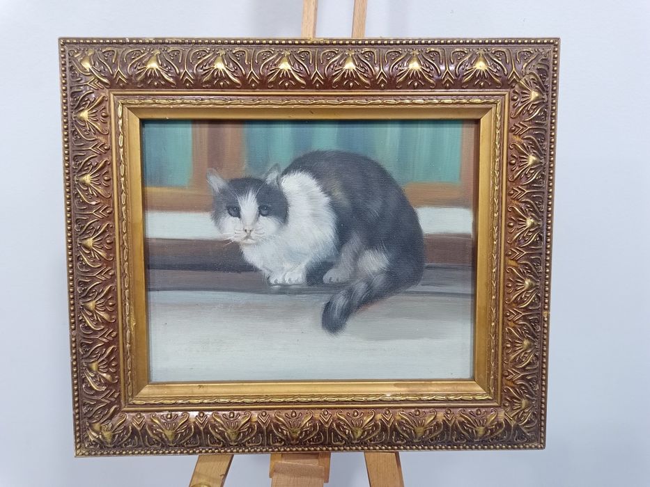 автентична западноевропейска картина с котка 37х32 см
