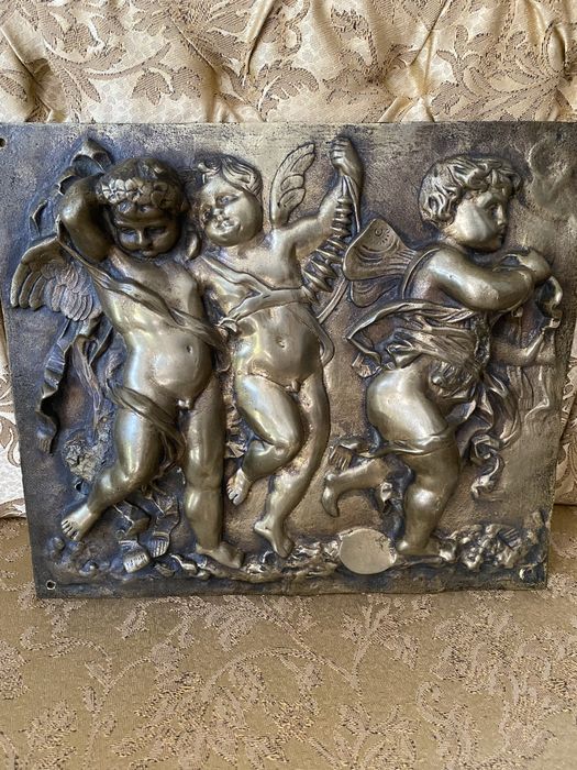 Placa Bronz Masiv Basorelief Ingerasi Amorasi Tablou Vintage Sculptura