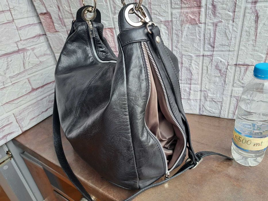 дамска чанта,черна кожена торба-естествена кожа