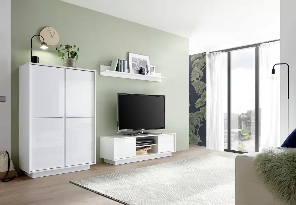 NOU Dulap alb lucios 145h, cu uși și polițe