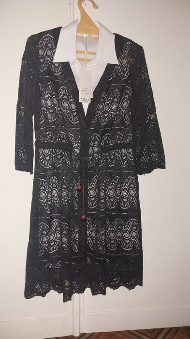 Женская одежда двойка ажурный кардиган чёрного цвета и туника белый ха