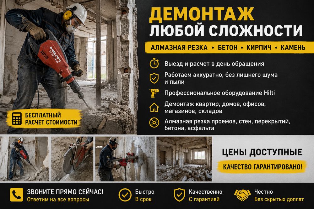 Демонтаж стень! Алмазный резка Любой сложнестей! Работаем без выходных