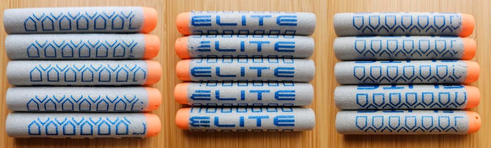 72 gloante nerf: 65 N-Strike, 5 Elite Deco grey, 2 Elite Deco blue
