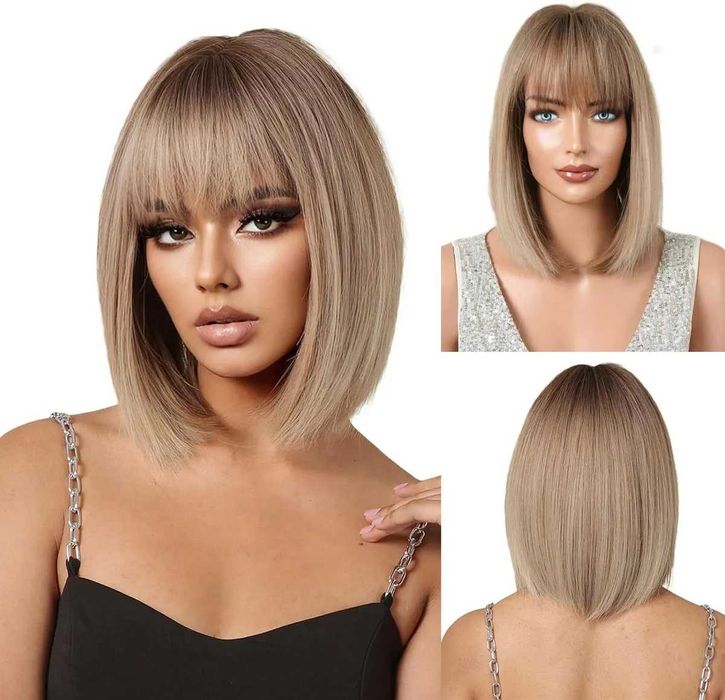 Пепеляво руса перука 35 см с тъмни корени и бретон