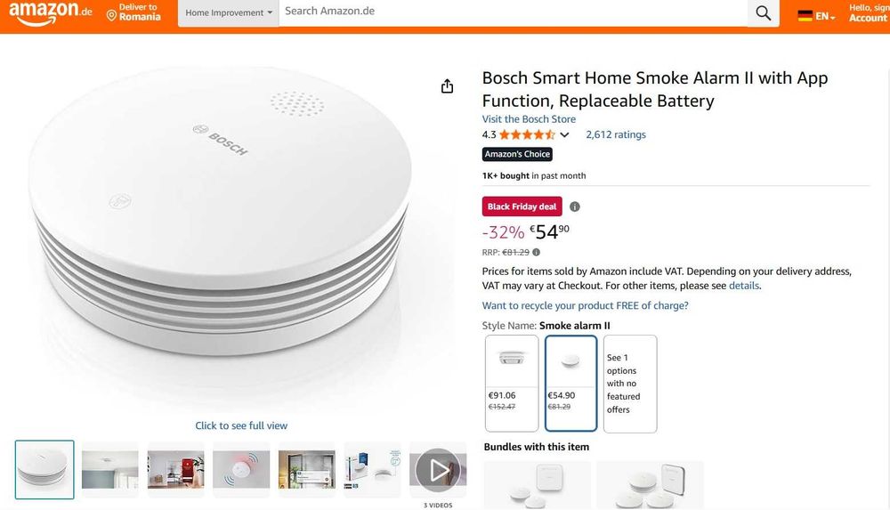 Detector de fum Bosch Smart Home II cu aplicație, baterie înlocuibilă