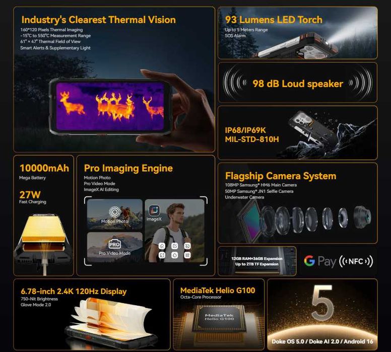 Blackview Oscal Pilot 6 120Hz FLIR 108МPx Samsung® HM6 Helio G100 IP68 IP69K Военен Стандарт MIL-STD-810H 10000mAh 12GB+36GB 256GB Mali-G57 3D OTG NFC