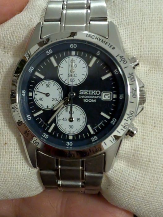 Ceas Barbatesc Seiko Chronograph 100M (SND365PC / Calibru 7T92) - Albastru Inchis, Otel Inoxidabil