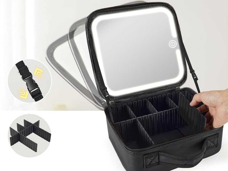 Куфар, чанта за грим и козметика с огледало и LED осветление - черен или розов цвят