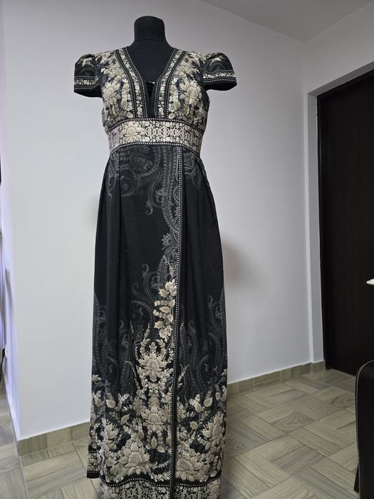 Rochie maxi din in si bumbac, model cu imprimeu  lotus înghețat