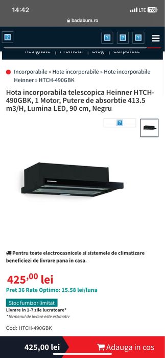 Hotă încorporabilă Heinner – 90 cm, Neagră, Nouă, cu Garanție