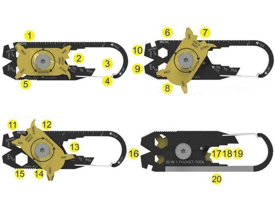 Multitool 20 în 1 cu Carabină | Unealtă Multifuncțională pentru Camping, Drumeții și EDC