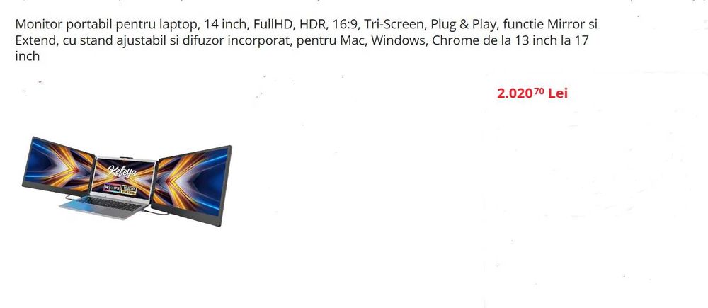 Monitor portabil, 14 inch, FullHD, HDR, 16:9, Tri-Screen, Plug & Play