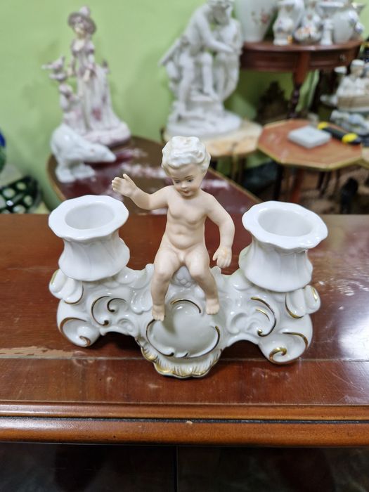 Рядък уникален антикварен порцеланов свещник Schau bach kunst