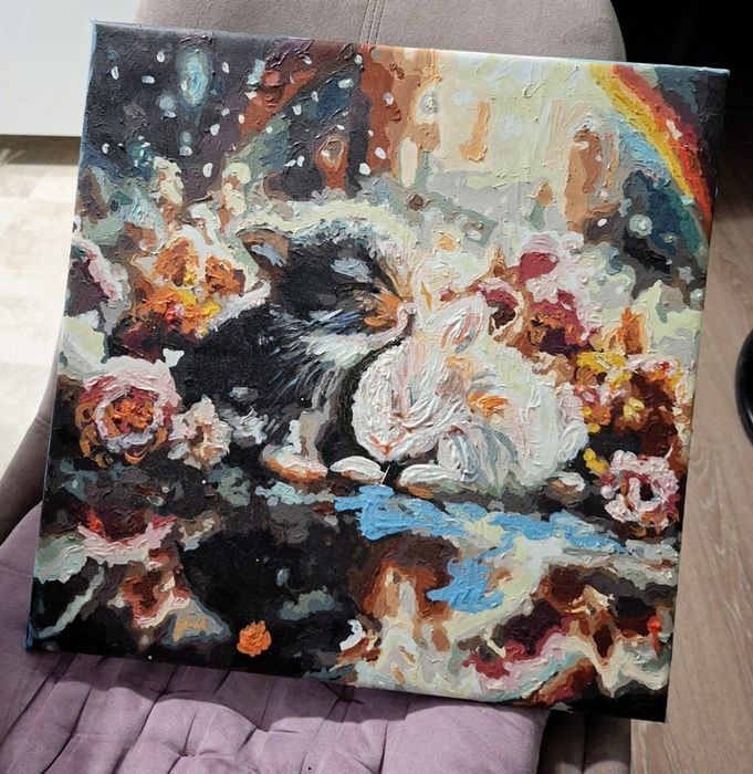 Картина с цветя и зайчета