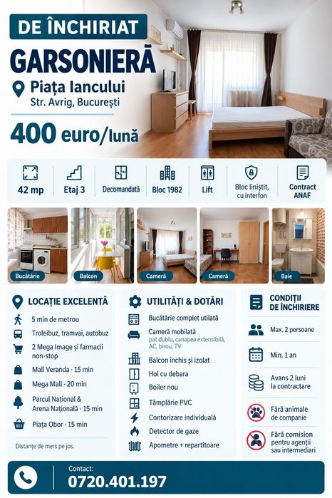 Proprietar, inchiriez garsoniera mobilata si utilata Piata Iancului, strada Avrig, contract ANAF