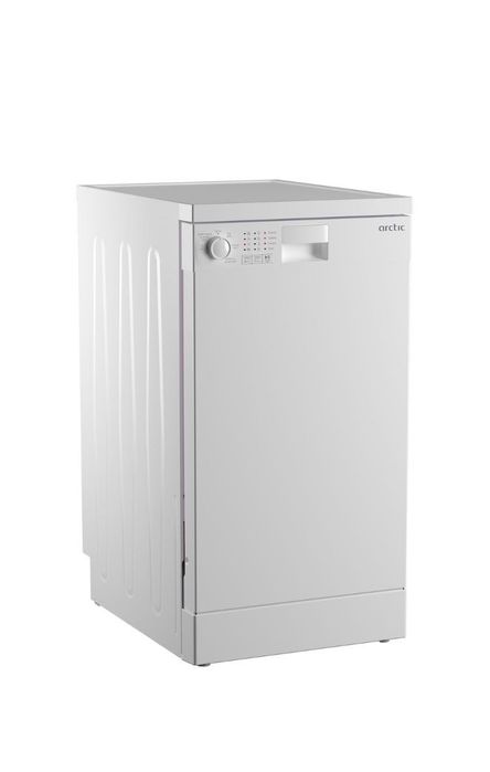 Masina de spalat vase Slim Arctic DFS0502, 10 seturi, 5 programe, Sistem dedurizare apa, Aqua Protect, Amanare pornire, Clasa E, 45 cm, Alb