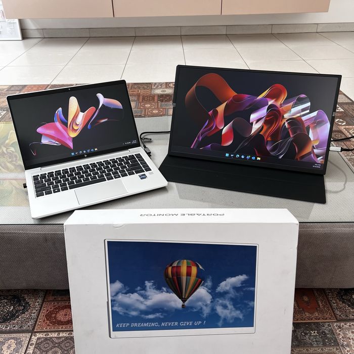 Dublu Monitor Extensibil 20” Fhd cu Boxe, HDR10, magentic cu suport Husa de Piele sau suport de prindere perete, pentru Laptop-uri sau Calculatoare