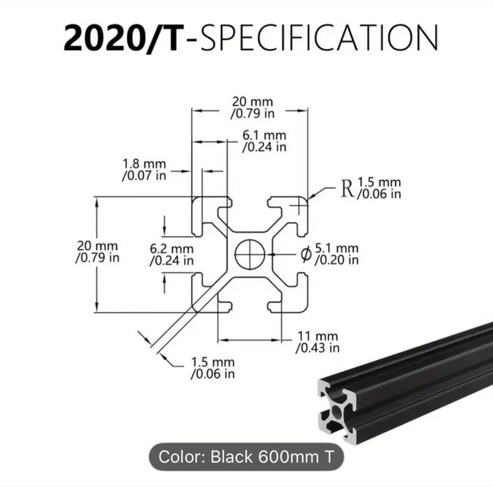 Profile Aluminiu 2020 T-Slot, Lungime 1000mm