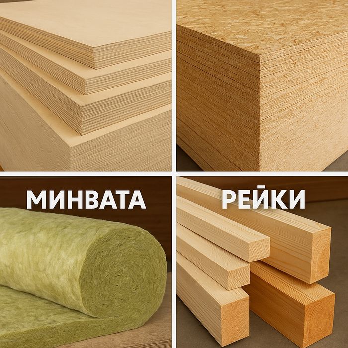 ОСБ фанера двп дсп минвата лес рейки Балки Стропила Обрешётка