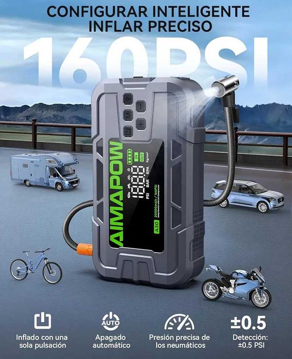Чисто нов запечатан в целофан стартер за кола AIMAPOW A30 9000A / 2220mAh / 26.64Wh с компресор 160 PSI и фенерче, джъмп стартер