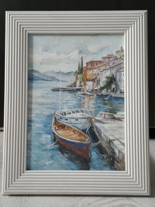 Tablou Acuarelă - Peisaj Mediteranean - Port Veneția/Coasta de Azur - Ramă Albă Modernă