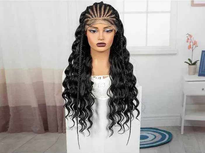 Екзотична черна синтетична перука с пълзящи плитки - Lace Front 13x6