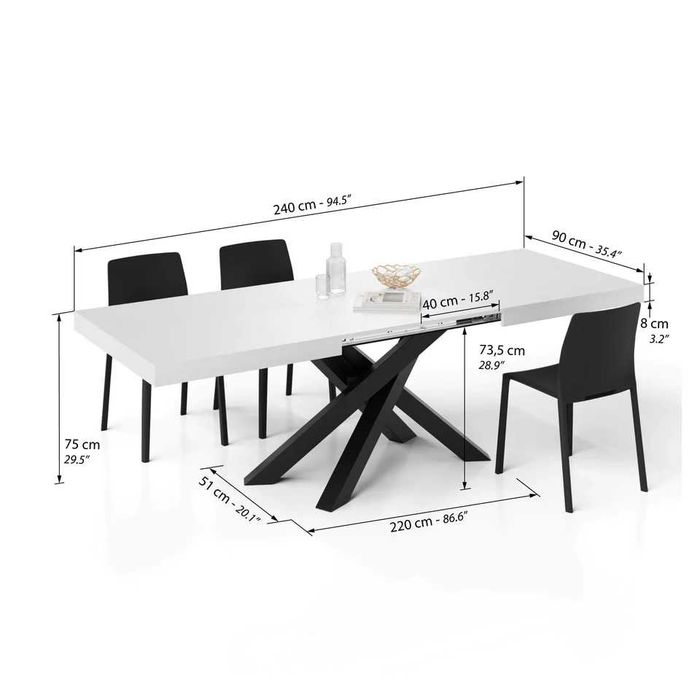 Masă extensibilă Mobili Fiver Emma (160 - 240 cm), Lemn Frasin Alb / Picioare Negre