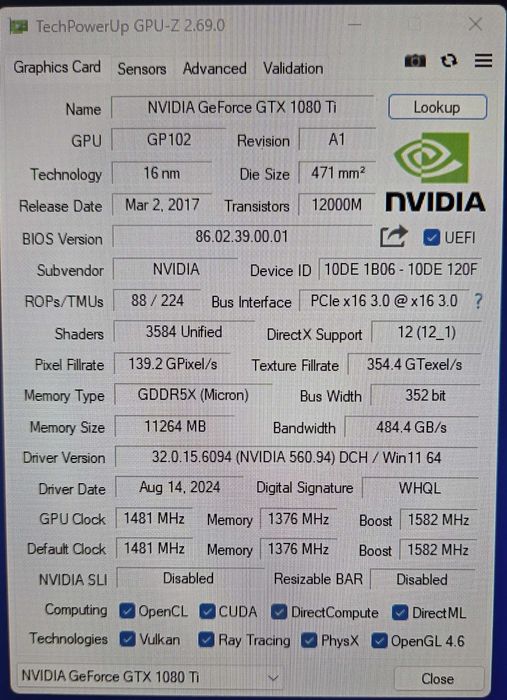 Видео карта Nvidia GTX 1080 ti Founders Edition