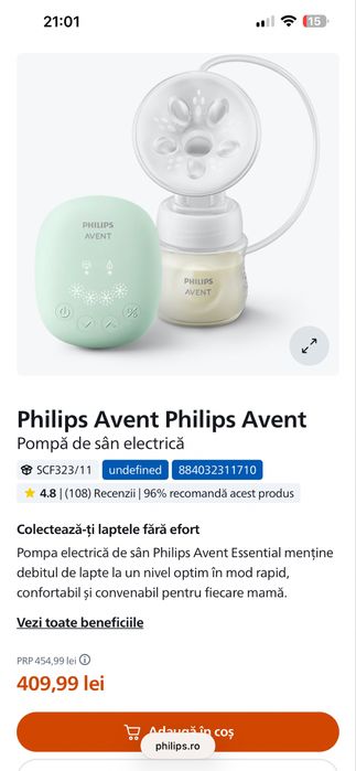 Pompa de sân electrică Philips Avent Essential Single – Nouă, sigilată
