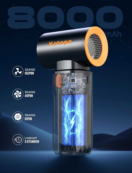 Електрическа въздушна духалка Kotopa МОЩЕН БЕЗЧЕТКОВ МОТОР 200000 RPM 8000mAh черна - НОВА -