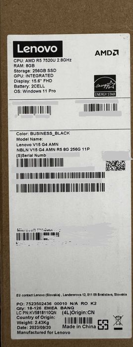 Laptop Lenovo V15 G4 Ryzen5 7520U 2.8GHz 8G 256G win 11 - nou