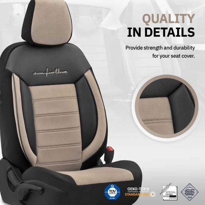 Луксозна Тапицерия OTOM текстил с еко кожа COMFORT LINE Design – Бежово-Черна с бежов шев