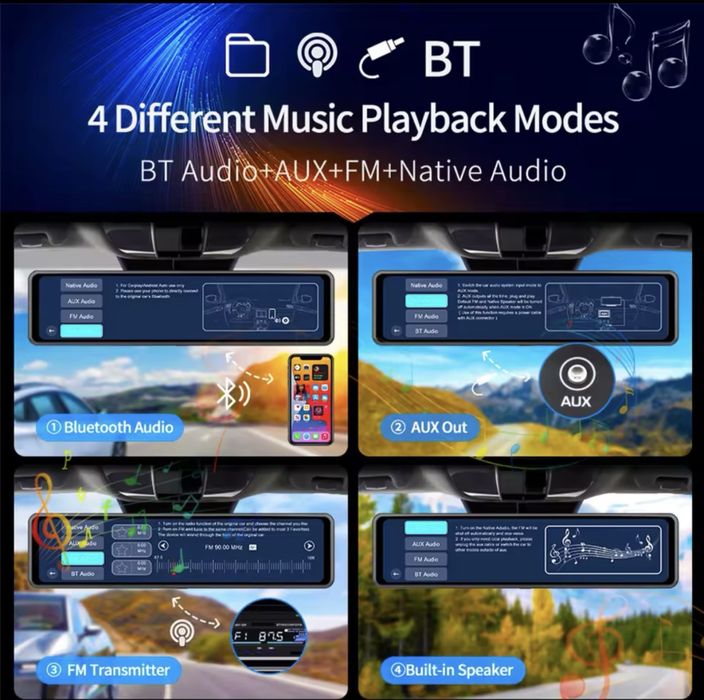 12 инча 4К огледало с Android auto/Car play, видео регистратор камера