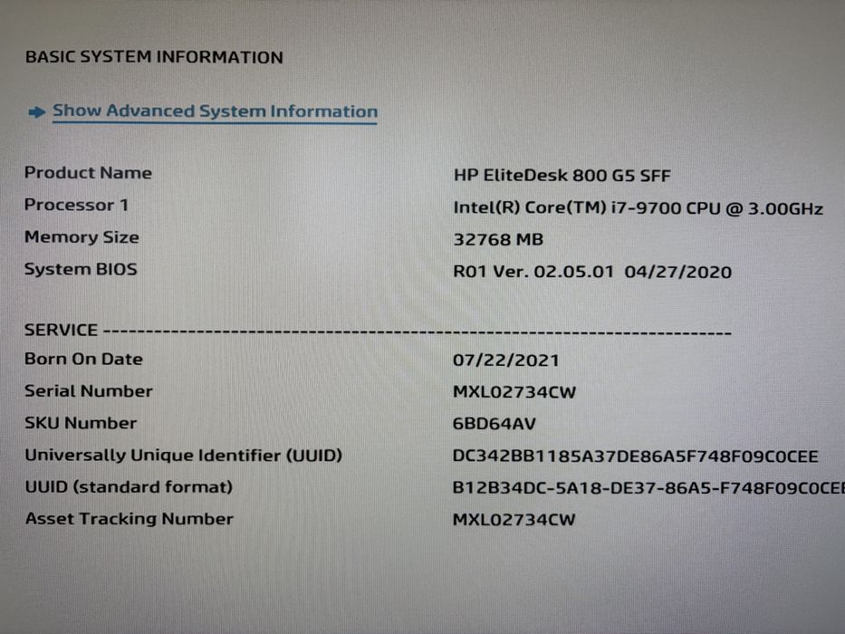 Calculator Hp 800 G5 SFF ; Intel i7-9700 , 32 gb ram , Licenta windows