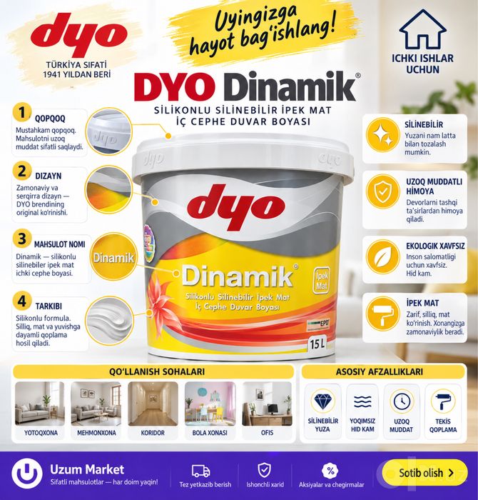 DYO Dinamik 15L — silikonli ipak mat ichki devor bo‘yog‘i