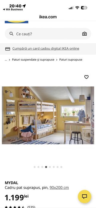 Pat dublu ( supraetajat ) de copii , lemn masiv de pin natur .