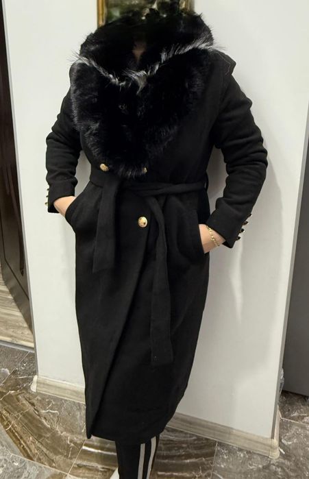 Palton elegant dama MABELL, cu blana si inchidere cu butoni aurii