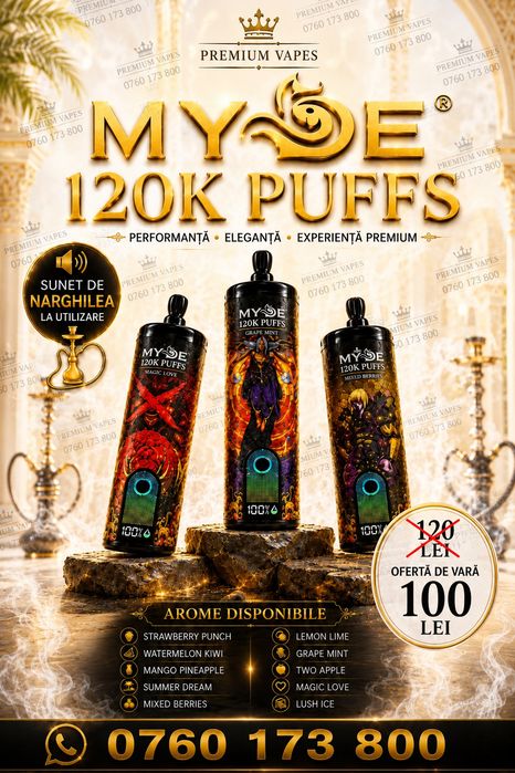 MYDE 120k - Vape de LUX  tip țigară electronică cu arome intense de shisha, sunet de narghilea,  fum dens, exterior din piele