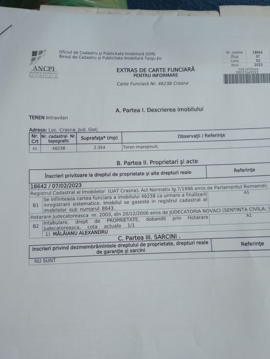 Vind teren intravilan in Crasna gorj