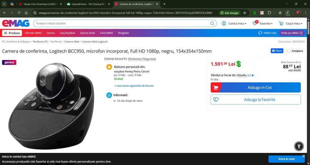 Camera video conferințe Logitech cu cabluri și accesorii incluse