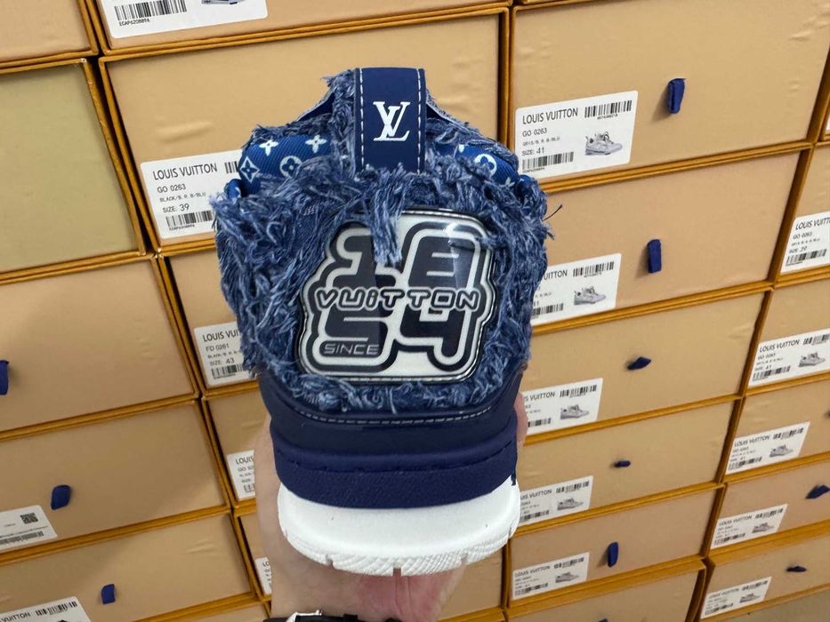 Louis Vuitton LV Trainer Maxi Sneaker Dark Blue Distressed Denim.