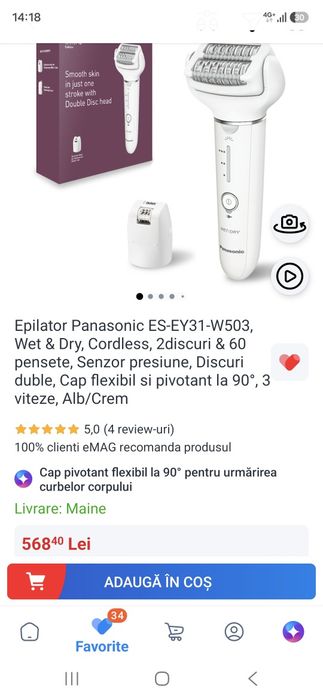 Epilator Panasonic ES-EY31-W503, Wet & Dry,