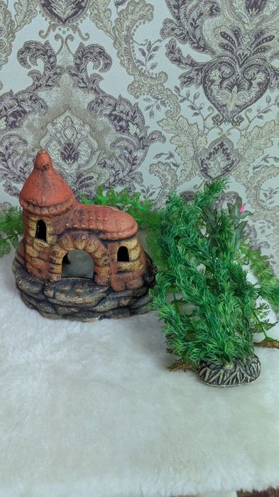Декор для аквариума домик, растения 3шт